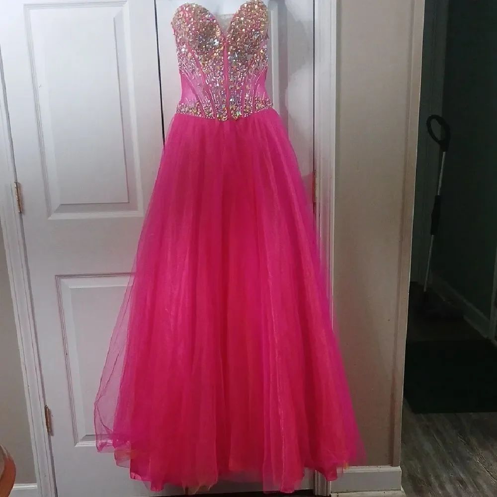 Night Moves hot pink orange underlay gem upper body prom formal dress Sz 6